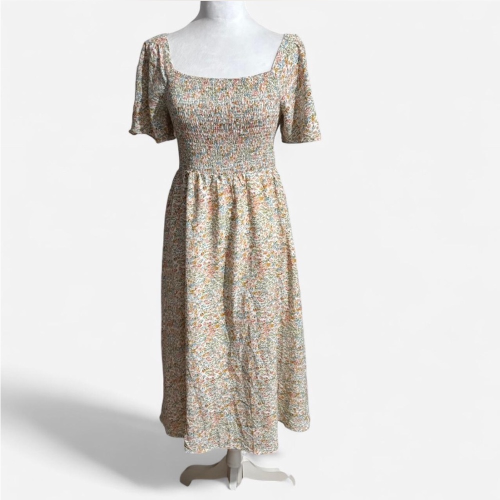 Muted Multicolored Flutter Sleeve Square Neck Midi Dress